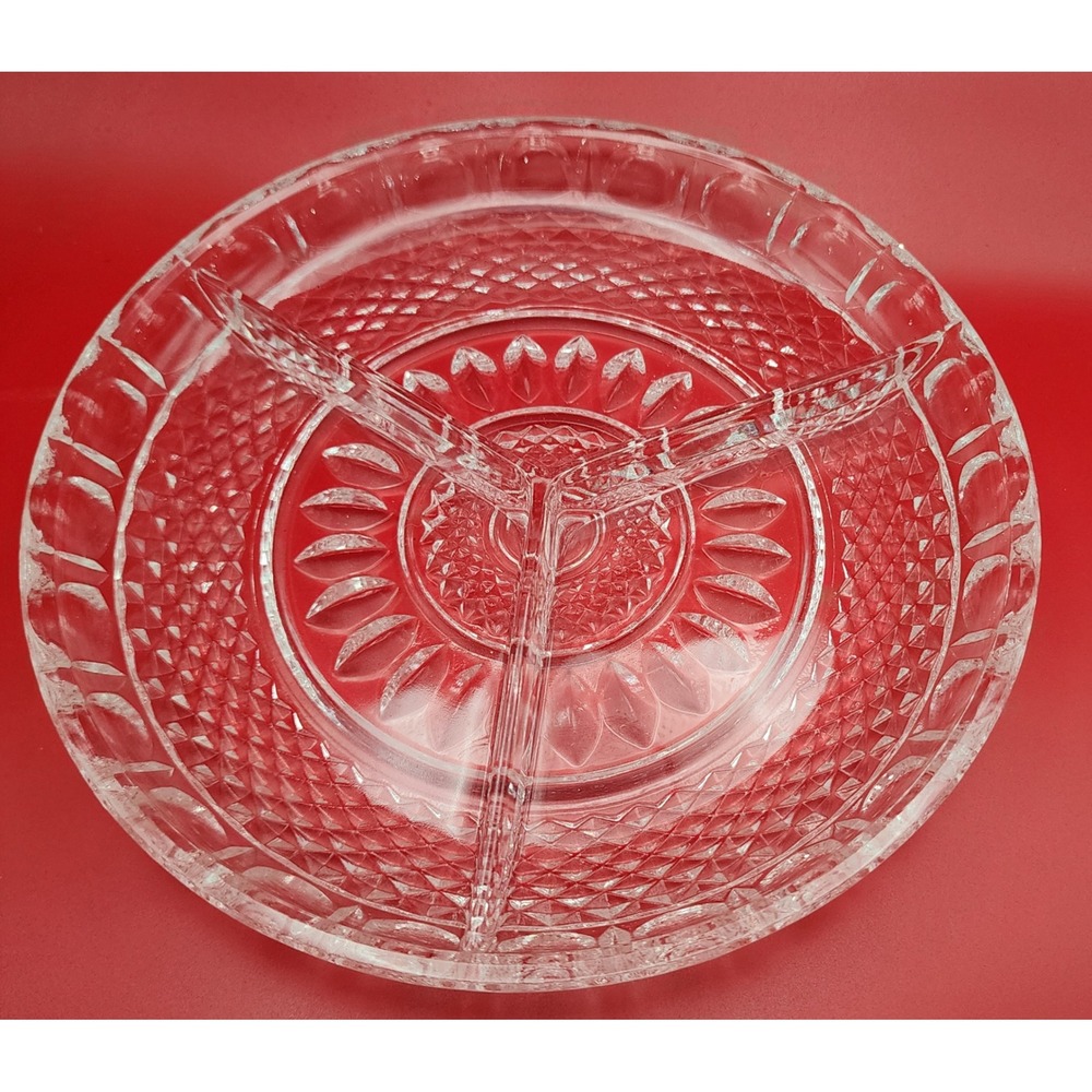 Vintage Clear Pressed Glass 3 Section Divided Relish Dish Round Serving Tray7.5"